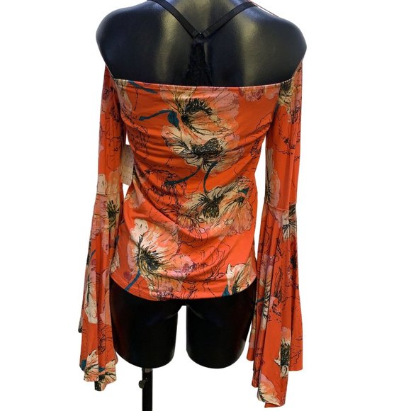 *NWT Free People Orange Bell Sleeve Floral Print Blouse Small - Picture 4 of 6